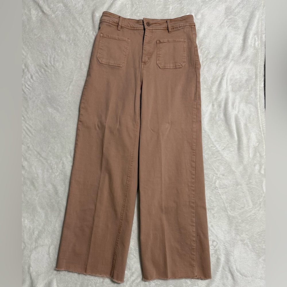 OAT New York High Rise Wide Leg Jeans Patch Pockets Raw Hem Size 10